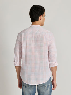 Men's Band Collar Checks Shirt in light pink