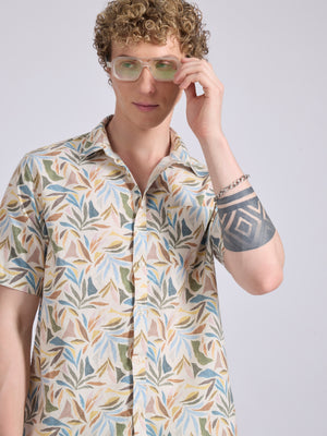 Men's Printed Half Sleeve Shirt in mustard yellow