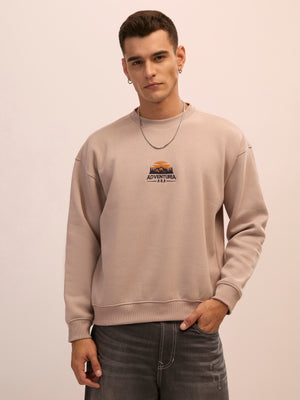 Men's gray full sleeve fleece sweater tee with front chest print and soft winterwear.
