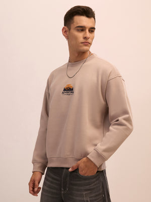 Men's gray full sleeve fleece sweater tee with front chest print and soft winterwear.