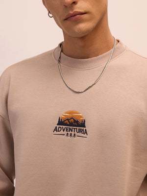 Men's gray full sleeve fleece sweater tee with front chest print and soft winterwear.