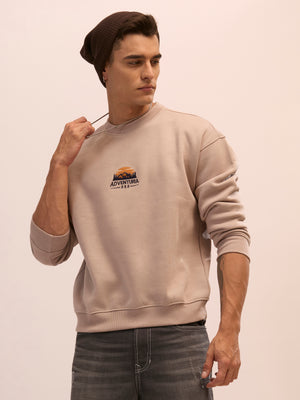 Men's gray full sleeve fleece sweater tee with front chest print and soft winterwear.