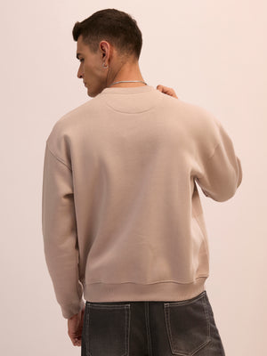 Men's gray full sleeve fleece sweater tee with front chest print and soft winterwear.