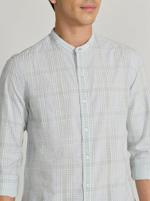 Hadrian - Band Collar Checks Shirt - Green - Espanshe