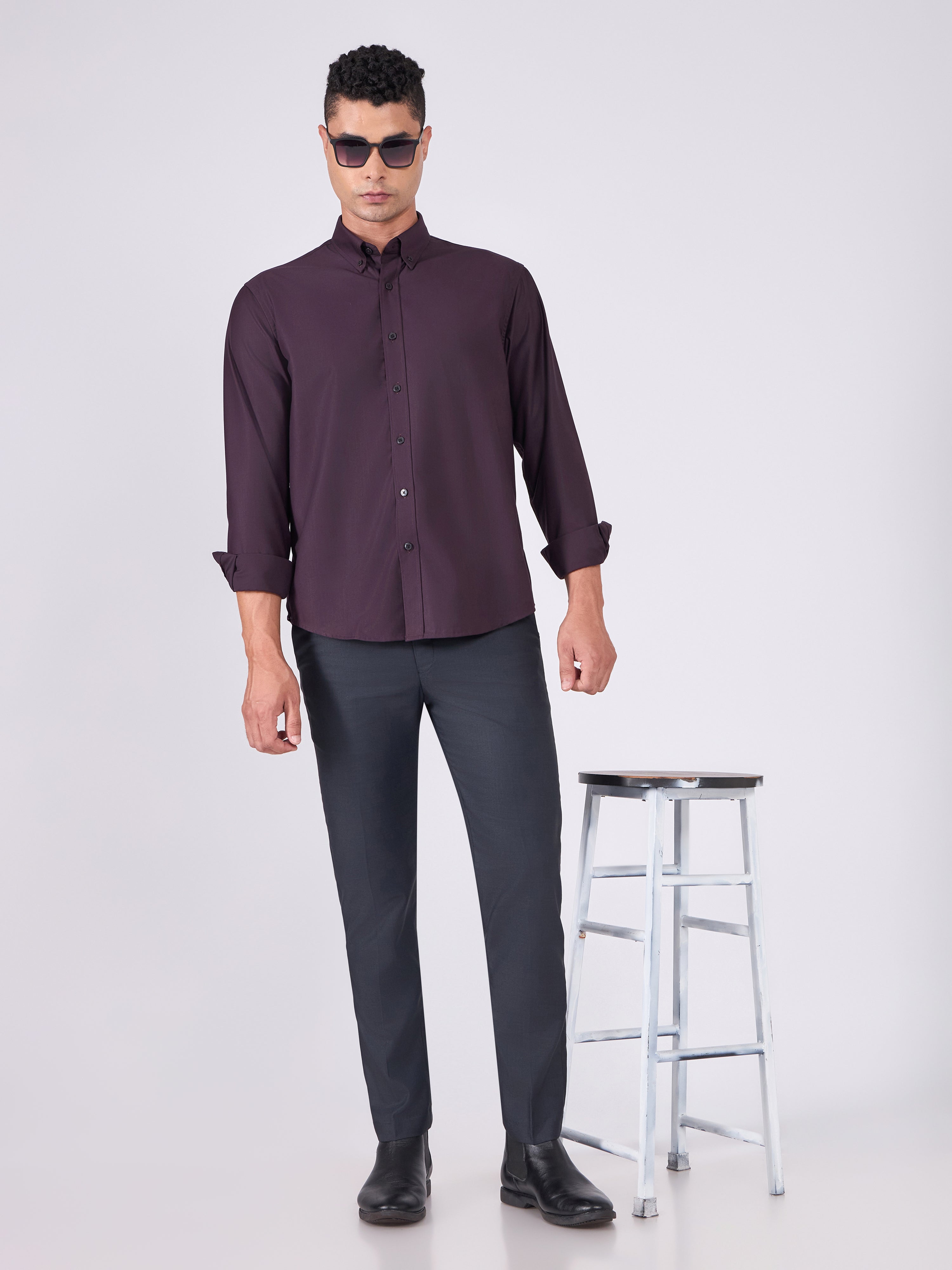 Man wearing Tencel Plain Shirt in Dark Lavender.