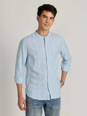 Men's Band Collar Striped Shirt in sky blue