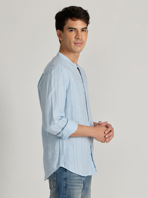 Men's Band Collar Striped Shirt in sky blue