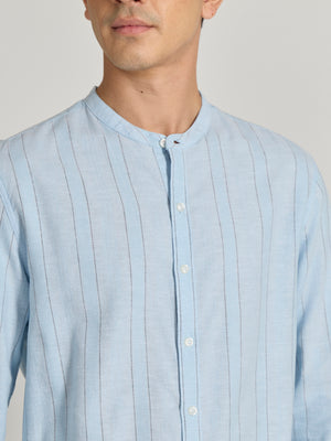 Men's Band Collar Striped Shirt in sky blue