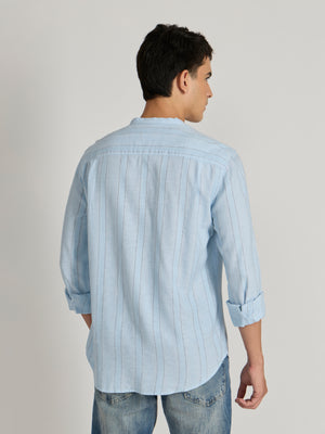 Men's Band Collar Striped Shirt in sky blue