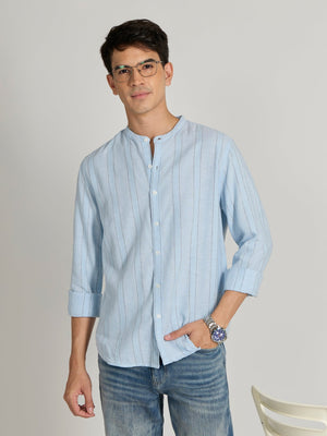 Salvator - Band Collar Striped Shirt - Sky Blue - Espanshe