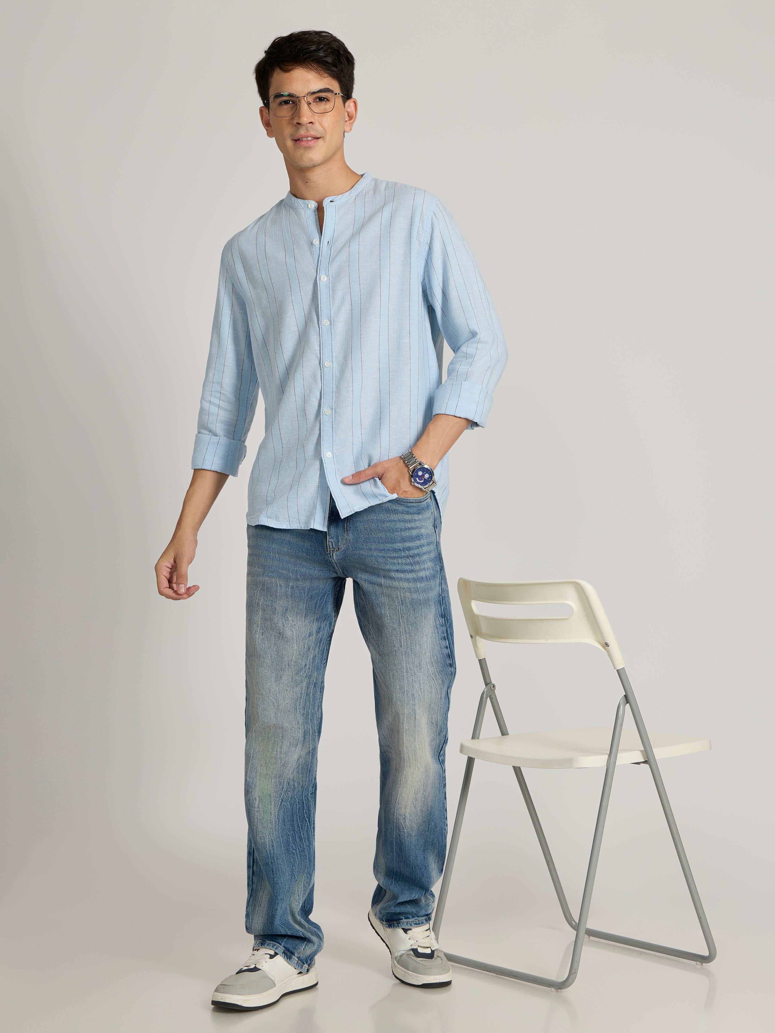 Salvator - Band Collar Striped Shirt - Sky Blue