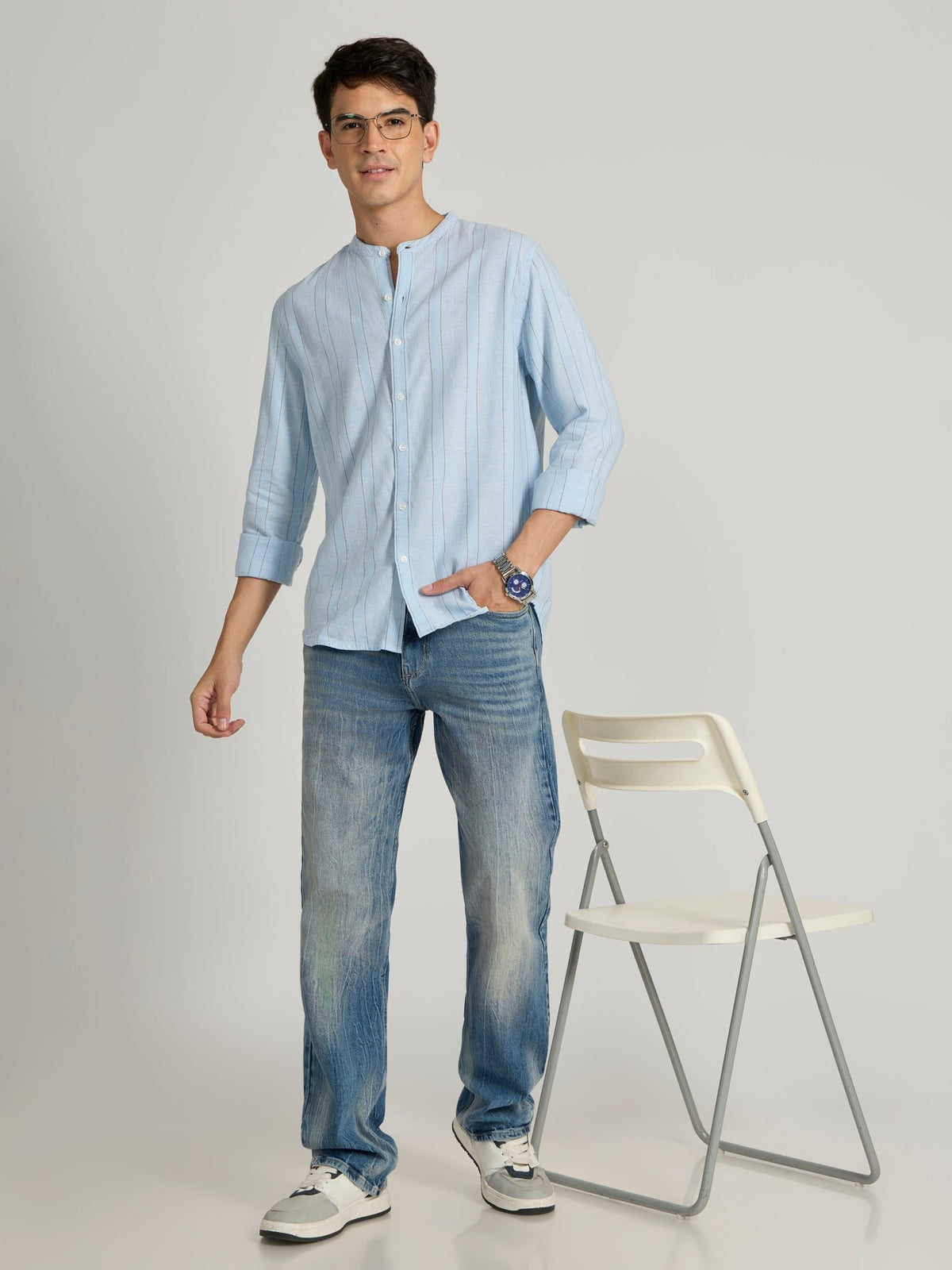 Salvator - Band Collar Striped Shirt - Sky Blue - Espanshe