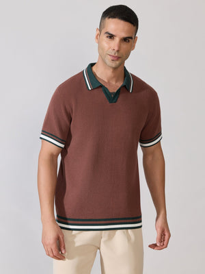 Kikeos-4 - Regular Fit Contrast Collar Knit Polo T-Shirt - Root Beer - Espanshe