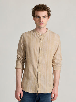Men's Band Collar Striped Shirt in light beige