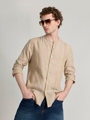 Men's Band Collar Striped Shirt in light beige