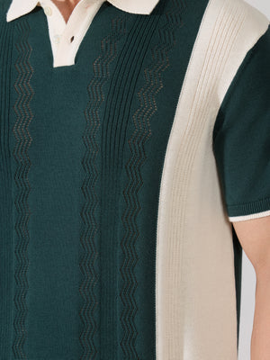 Men's Regular Fit Textured Knit Polo T-Shirt - Green & Cream