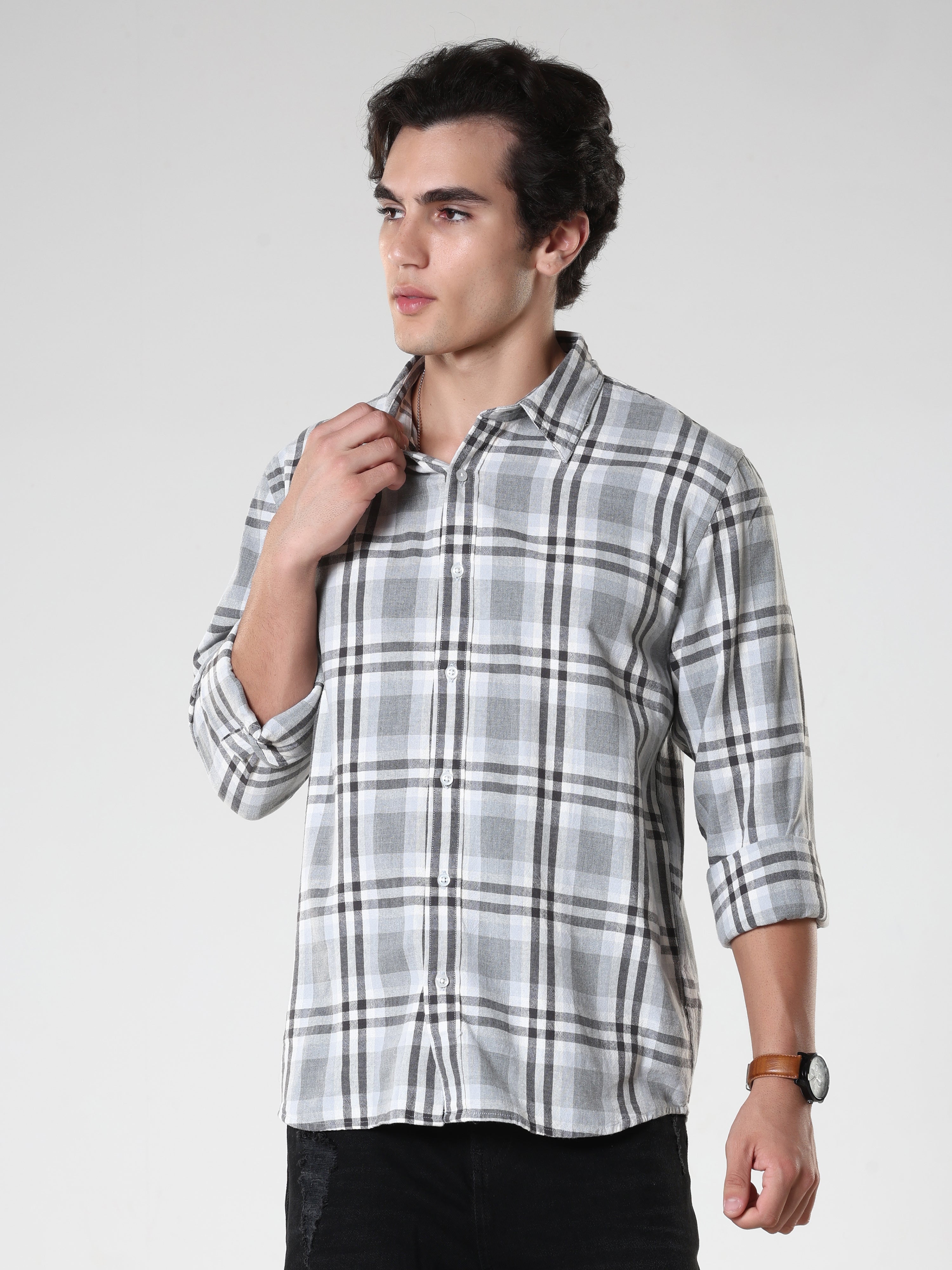 Men's casual cement color checkered cotton shirt with full sleeves, relaxed fit – paired with denim jeans