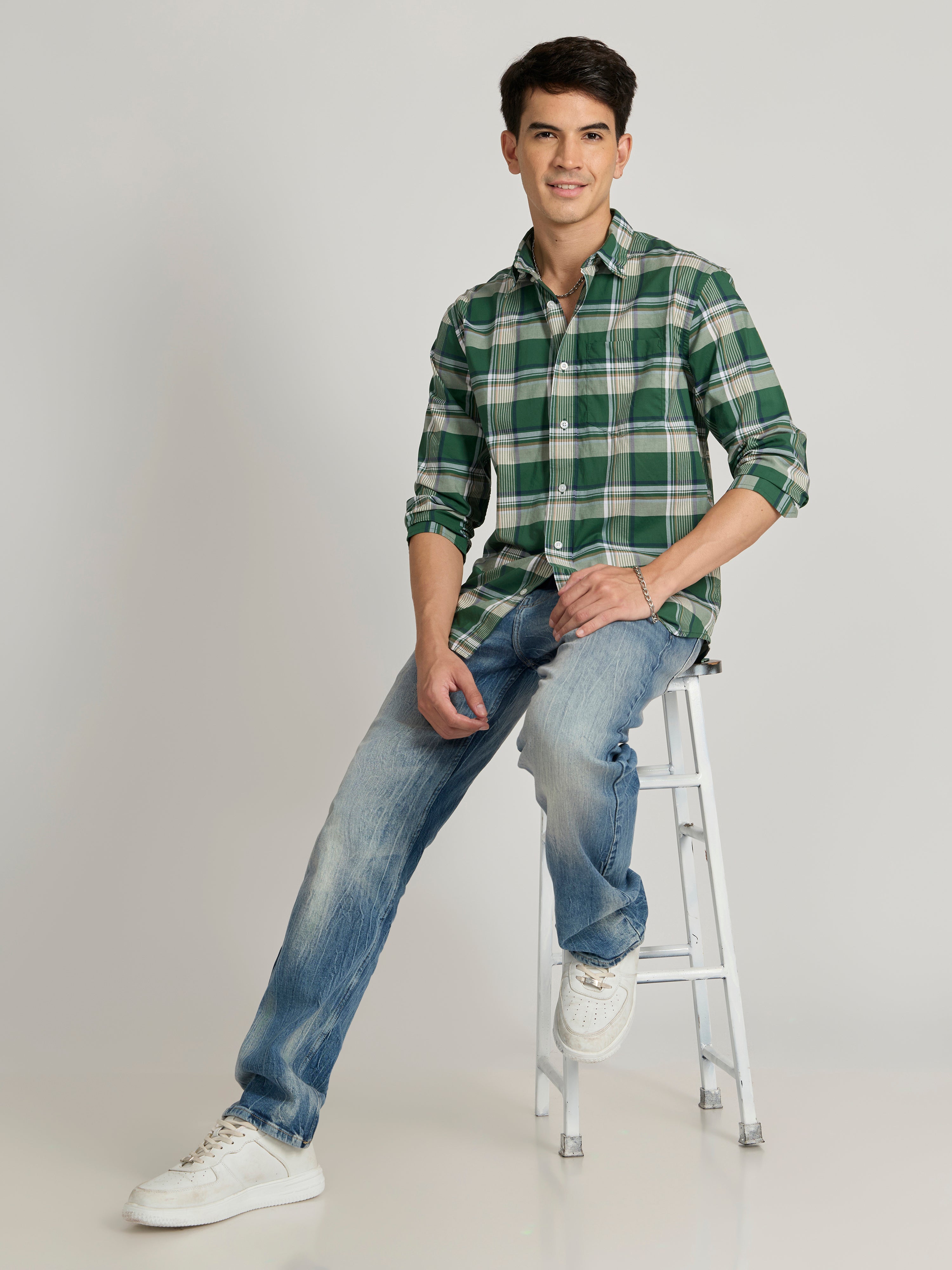Men's Relaxed Fit Checks Shirt - Dark green