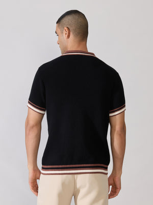 Regular Fit Contrast Collar Knit Polo T-Shirt - Black
