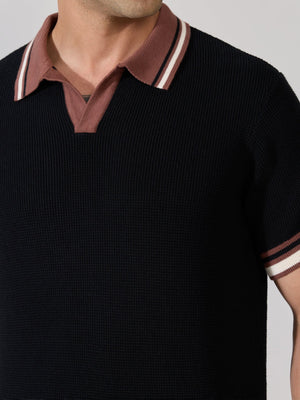 Kikeos-4 - Regular Fit Contrast Collar Knit Polo T-Shirt - Black - Espanshe
