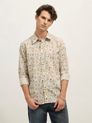 Men's Regular Floral Printed Shirt - Yellow Green