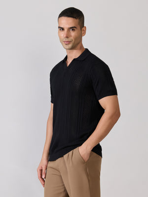 Men's Regular Fit Textured Open Knit Polo T-Shirt in Black