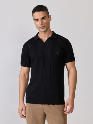 Men's Regular Fit Textured Open Knit Polo T-Shirt in Black