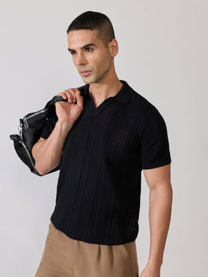 Kikeos-3 - Regular Fit Textured Open Knit Polo T-Shirt - Black - Espanshe