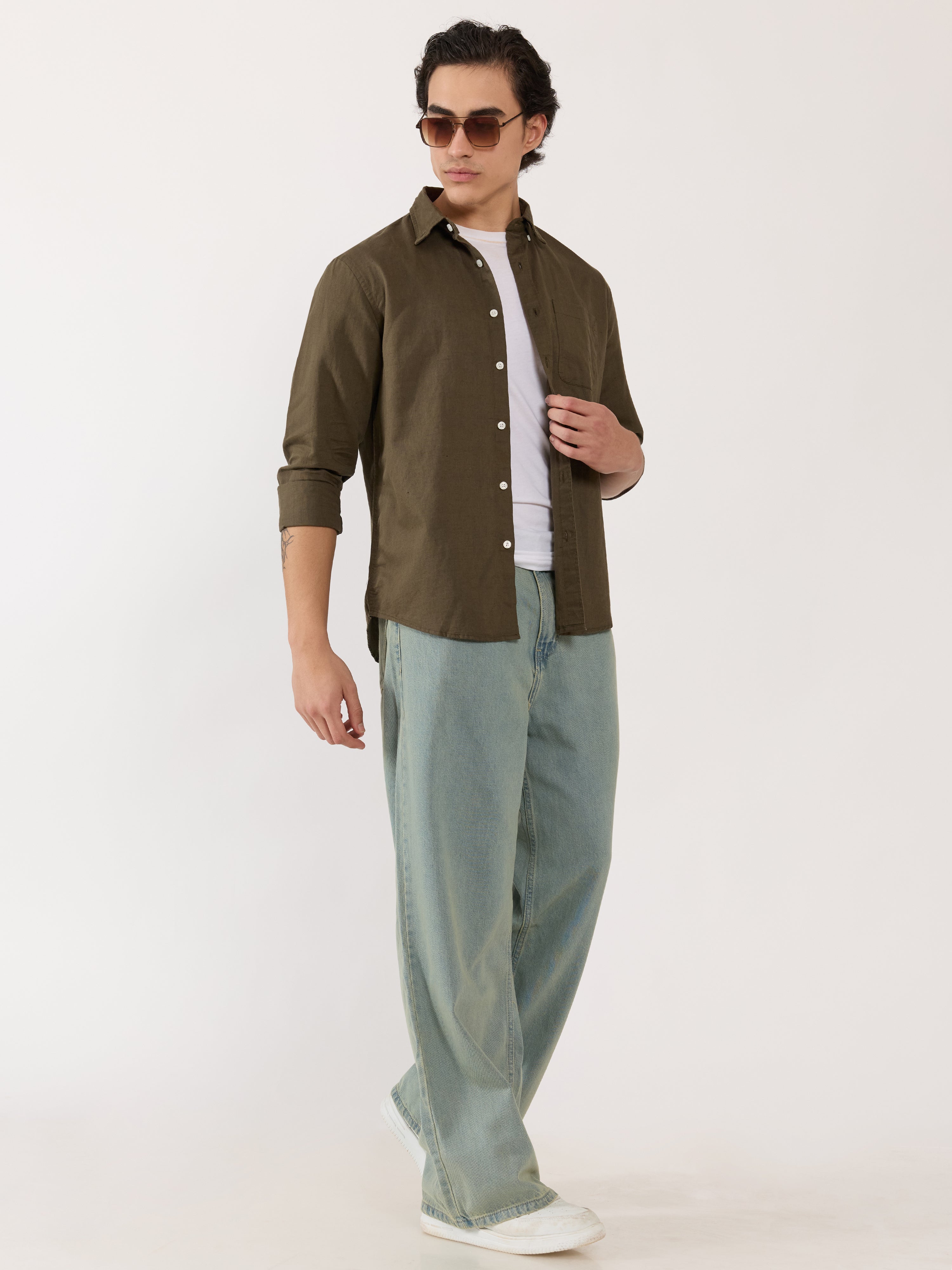 Men's Relaxed Linen Shirt - olive green