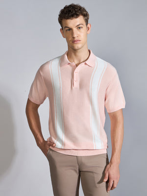 Men's Regular Fit Vertical Stripe Knit Polo T-Shirt in pink