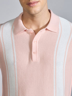 Men's Regular Fit Vertical Stripe Knit Polo T-Shirt in pink