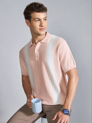 Kikeos-5 - Regular Fit Vertical Stripe Knit Polo T-Shirt - Pink - Espanshe