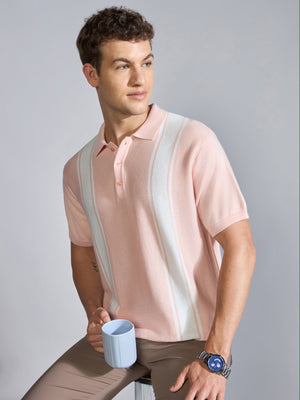Men's Regular Fit Vertical Stripe Knit Polo T-Shirt in pink