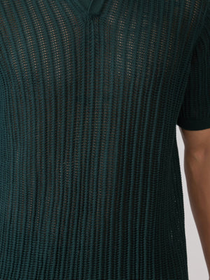 Kikeos-2 - Regular Fit Open Knit Polo T-Shirt - Green - Espanshe