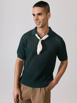Kikeos-2 - Regular Fit Open Knit Polo T-Shirt - Green - Espanshe