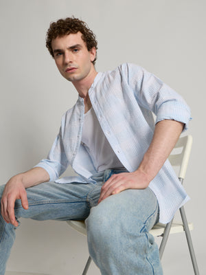 Band Collar Checks Shirt - sky blue