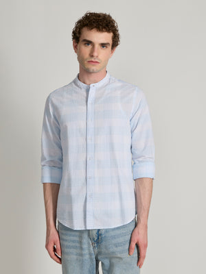 Band Collar Checks Shirt - sky blue
