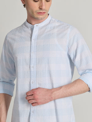 Band Collar Checks Shirt - sky blue