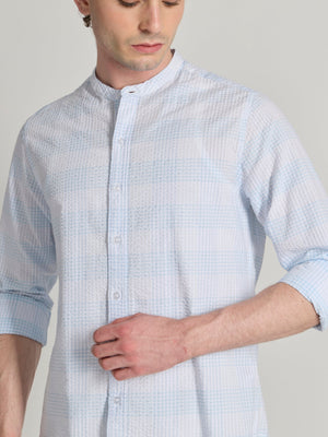 Hadrian - Band Collar Checks Shirt - Sky Blue - Espanshe