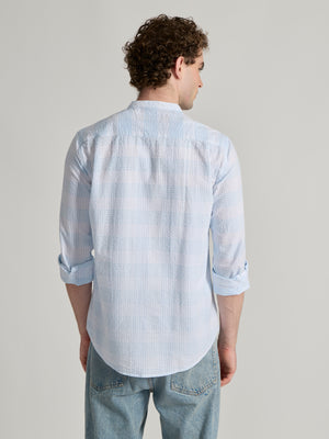 Band Collar Checks Shirt - sky blue
