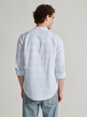 Hadrian - Band Collar Checks Shirt - Sky Blue - Espanshe