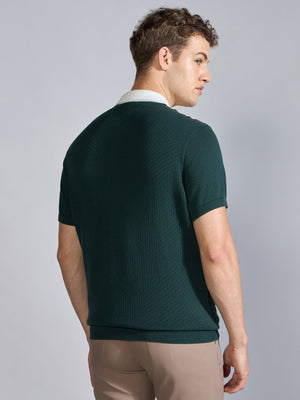 Kikeos-6 - Regular Fit Half Zip Stripe Knit Polo T-Shirt - Green - Espanshe