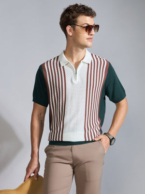 Men's Regular Fit Half Zip Stripe Knit Polo T-Shirt in green