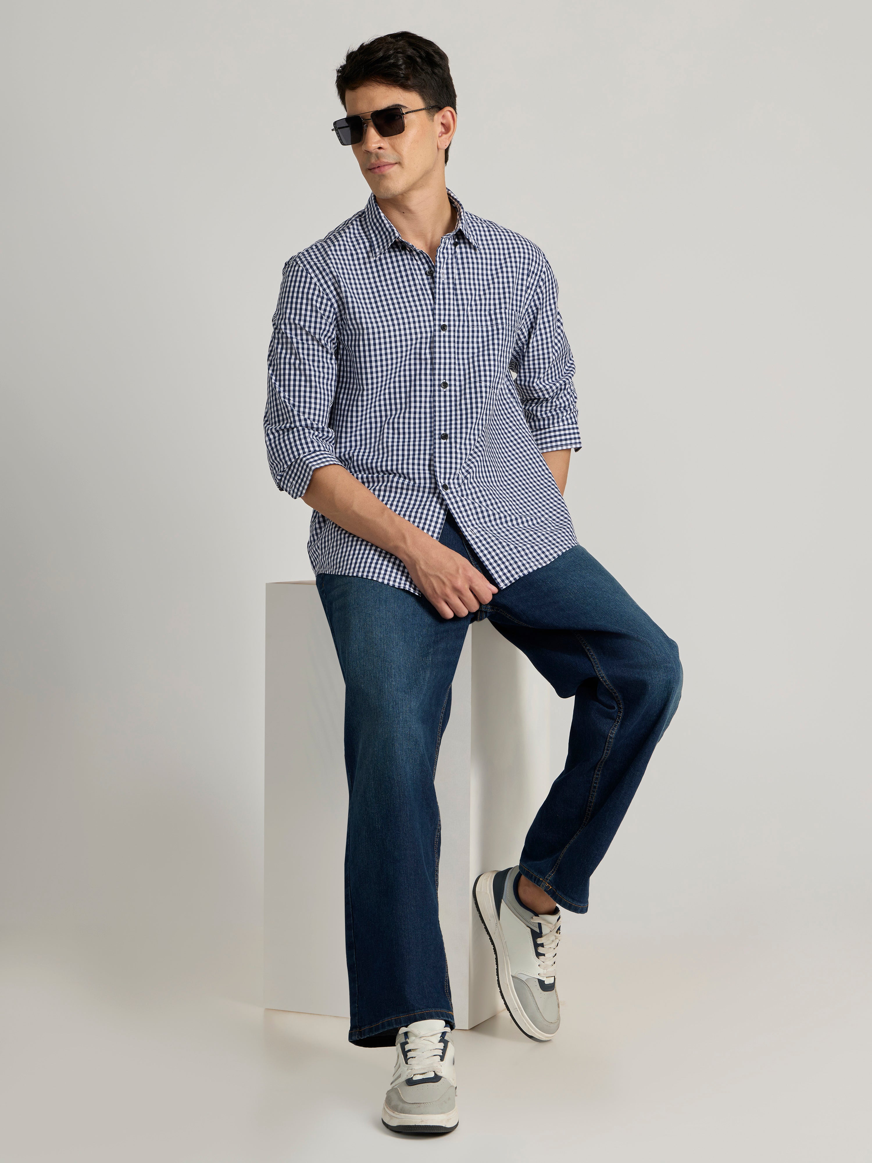 Men's Relaxed Fit Checks Shirt - Dark Blue