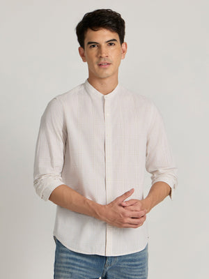 Hadrian - Band Collar Checks Shirt - Light Peach - Espanshe