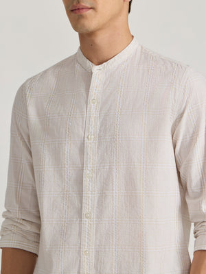 Band Collar Checks Shirt - Light Peach