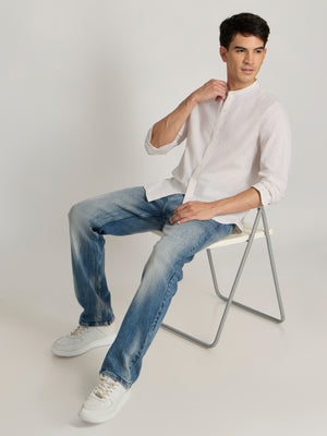 Band Collar Checks Shirt - Light Peach