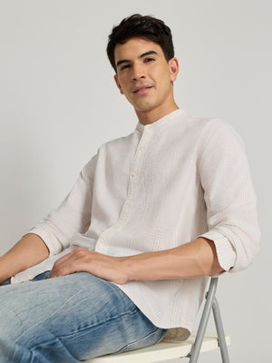 Band Collar Checks Shirt - Light Peach