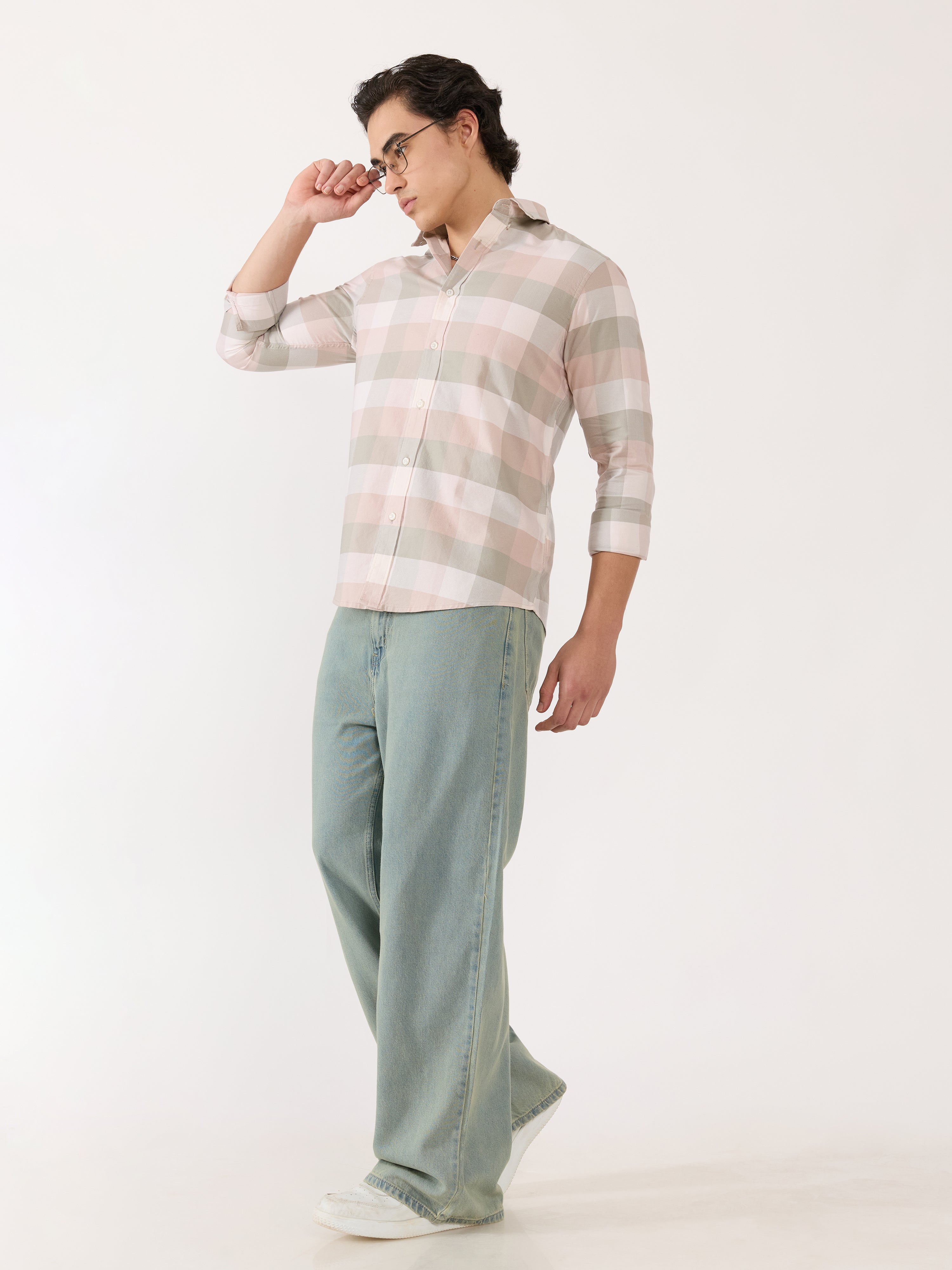 Men's Turkish Fit Checked Shirt - pink and grey