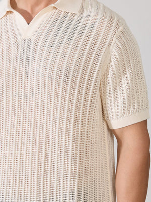 Kikeos-2 - Regular Fit Open Knit Polo T-Shirt - Cream - Espanshe